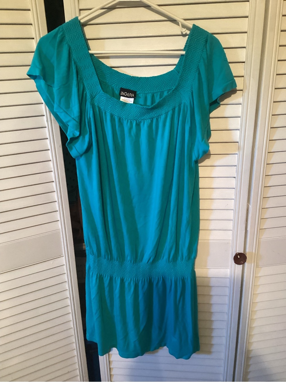 Ingear Teal Short-Sleeve Smocked Waist Mini Dress